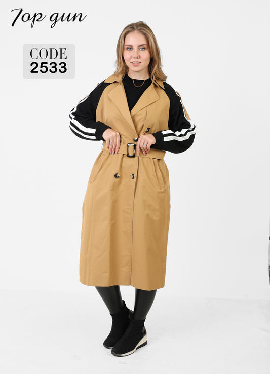 Long Trench Coat Jacket - Milton sleeves, Striped Details, and Belt