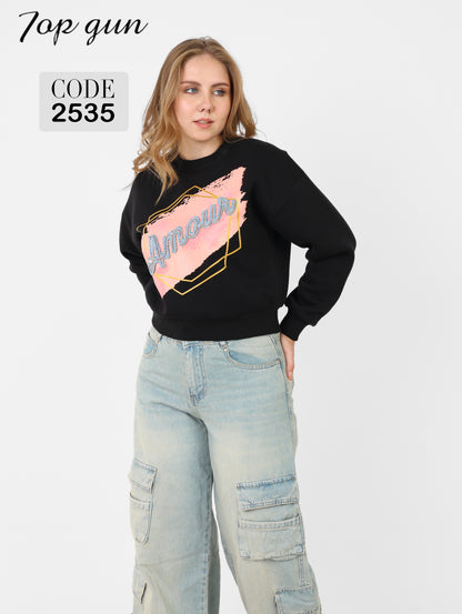 Short Sweatshirt - Amour Print, Denim Embroidery, and Sequins