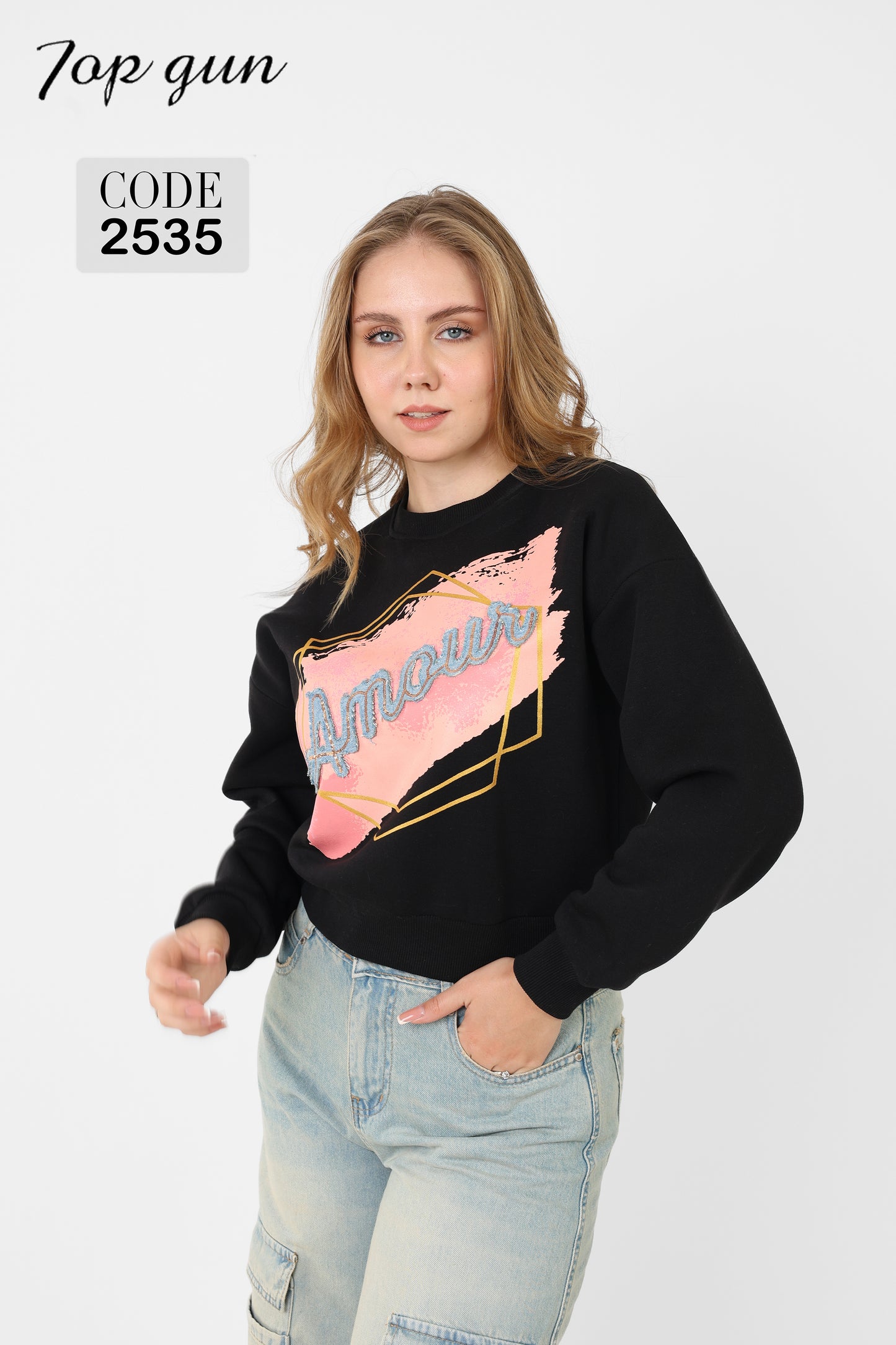 Short Sweatshirt - Amour Print, Denim Embroidery, and Sequins