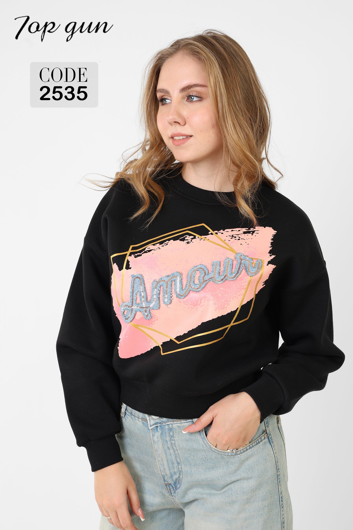 Short Sweatshirt - Amour Print, Denim Embroidery, and Sequins