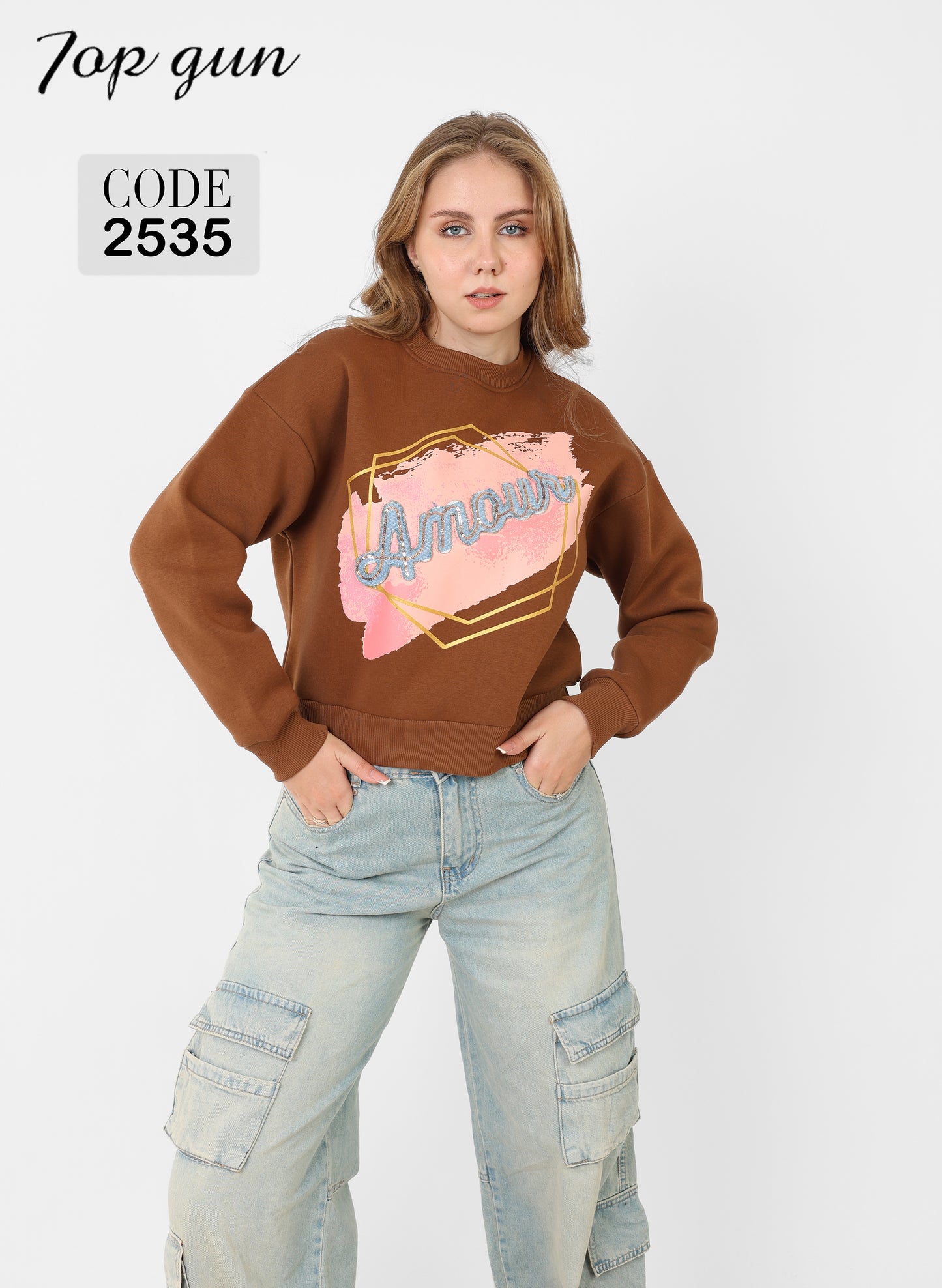 Short Sweatshirt - Amour Print, Denim Embroidery, and Sequins