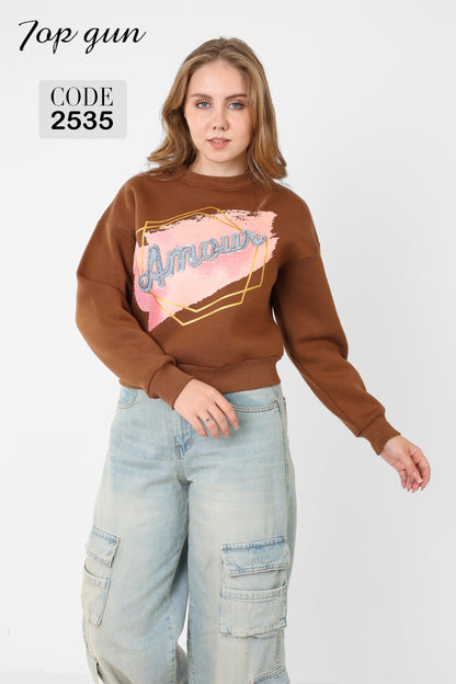 Short Sweatshirt - Amour Print, Denim Embroidery, and Sequins