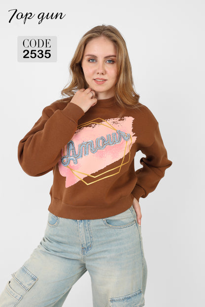 Short Sweatshirt - Amour Print, Denim Embroidery, and Sequins