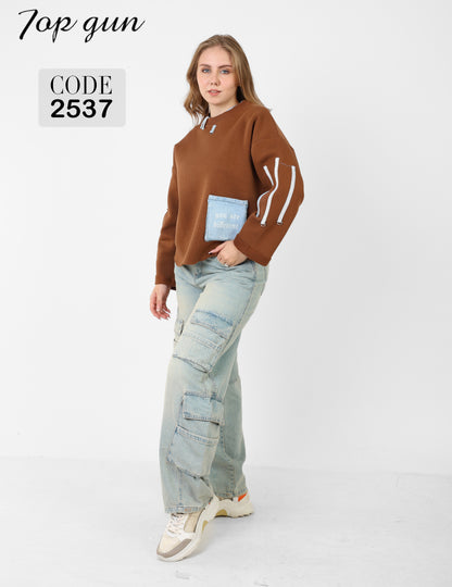 Sweatshirt - Three Denim Pockets - Denim Embroidery, and Sequins