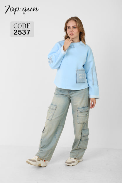 Sweatshirt - Three Denim Pockets - Denim Embroidery, and Sequins