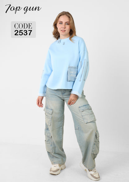 Sweatshirt - Three Denim Pockets - Denim Embroidery, and Sequins