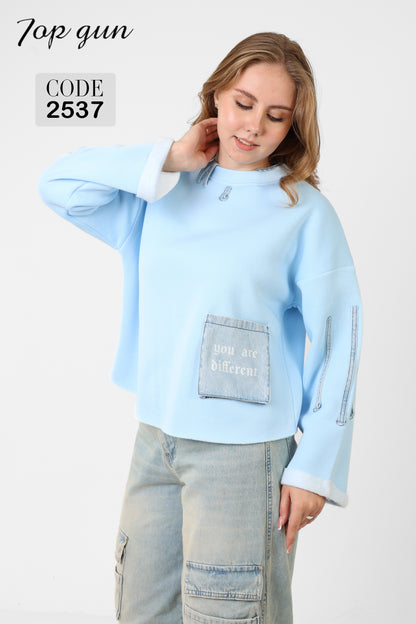 Sweatshirt - Three Denim Pockets - Denim Embroidery, and Sequins