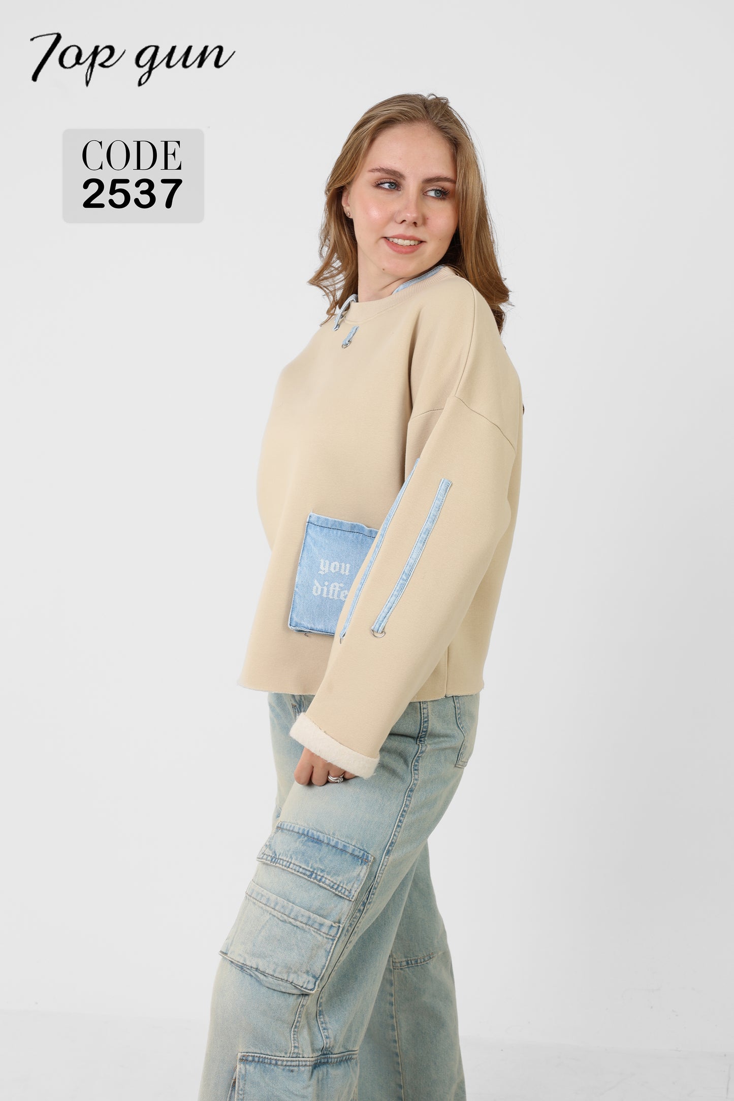 Sweatshirt - Three Denim Pockets - Denim Embroidery, and Sequins