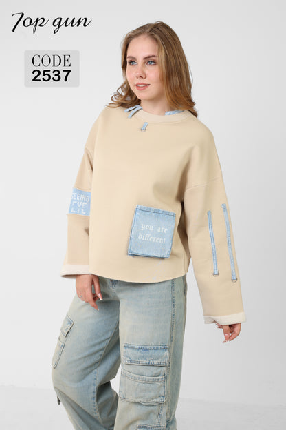 Sweatshirt - Three Denim Pockets - Denim Embroidery, and Sequins