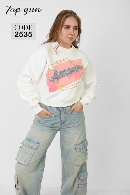 Short Sweatshirt - Amour Print, Denim Embroidery, and Sequins