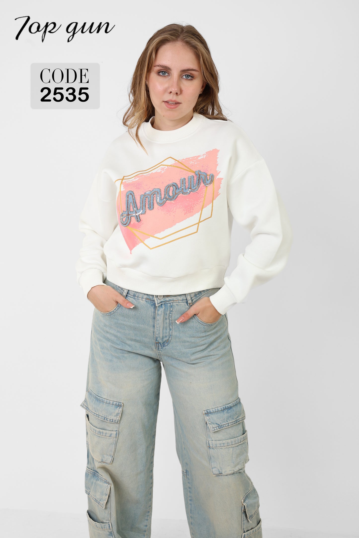 Short Sweatshirt - Amour Print, Denim Embroidery, and Sequins