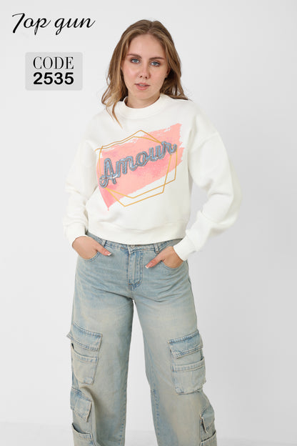 Short Sweatshirt - Amour Print, Denim Embroidery, and Sequins