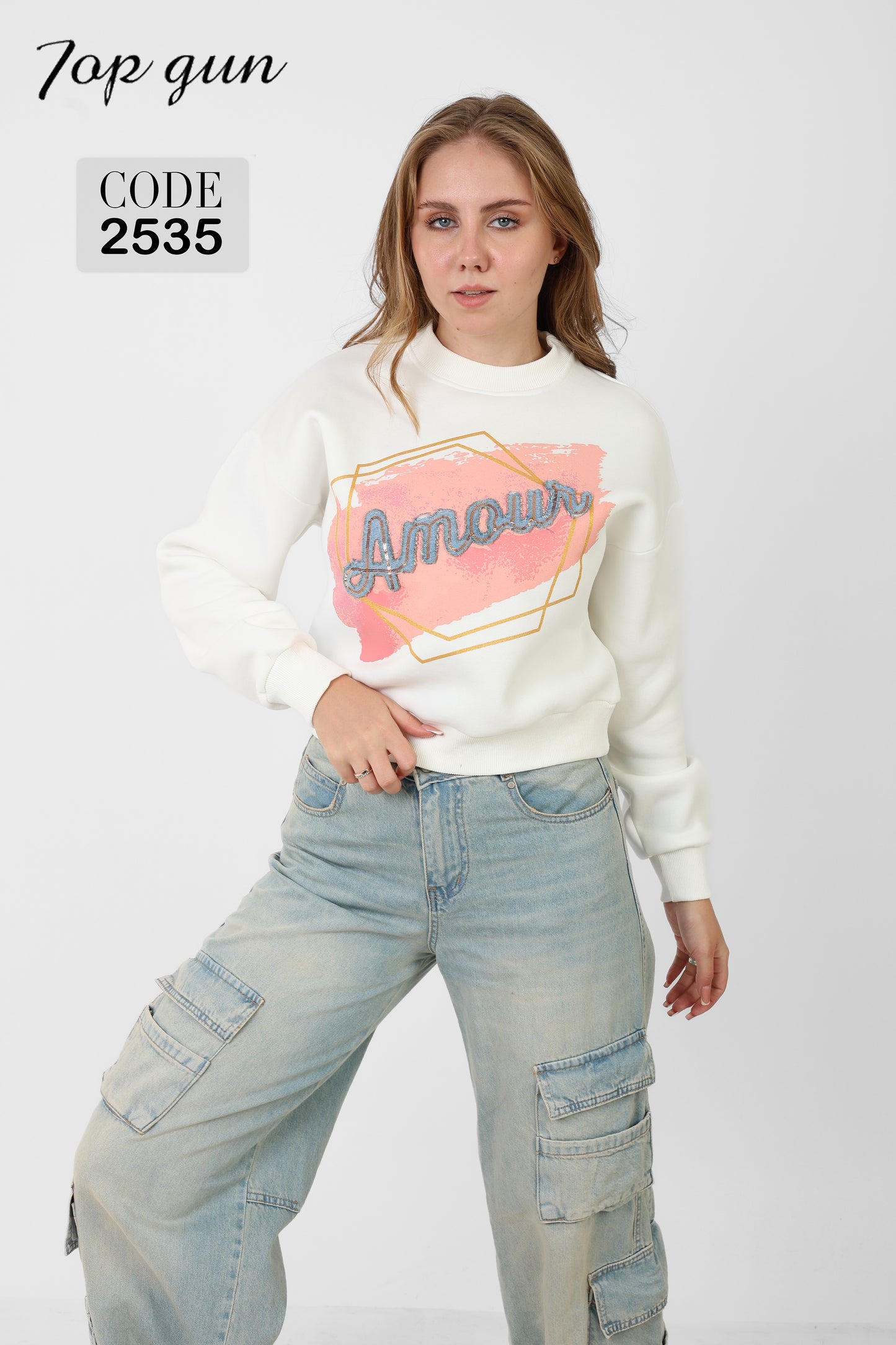 Short Sweatshirt - Amour Print, Denim Embroidery, and Sequins