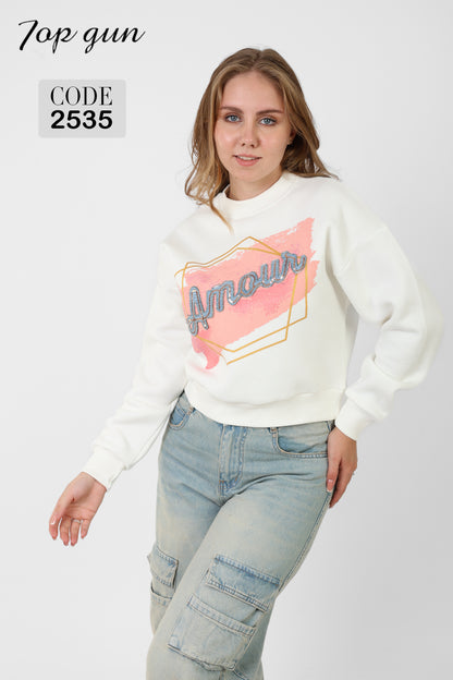 Short Sweatshirt - Amour Print, Denim Embroidery, and Sequins