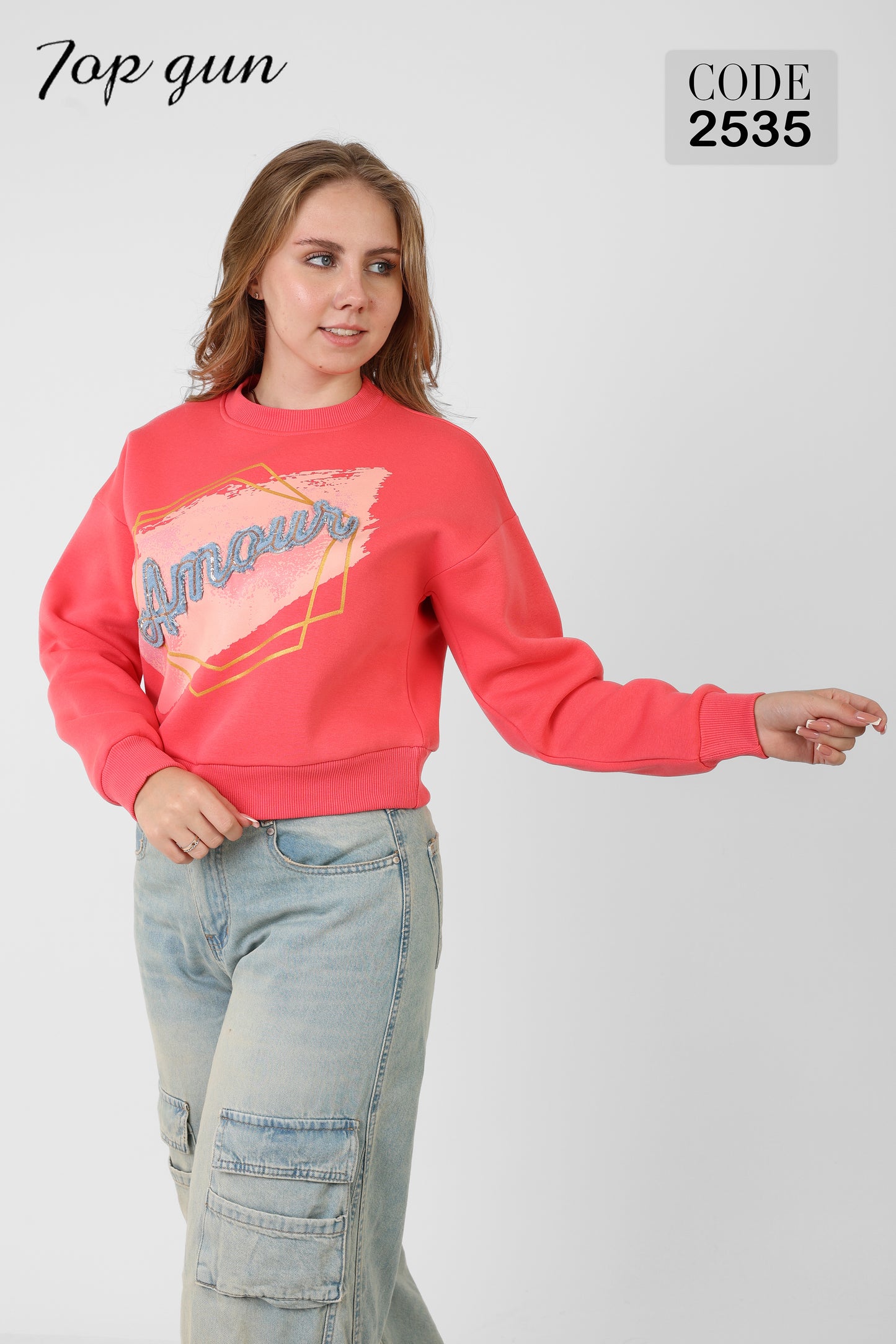 Short Sweatshirt - Amour Print, Denim Embroidery, and Sequins