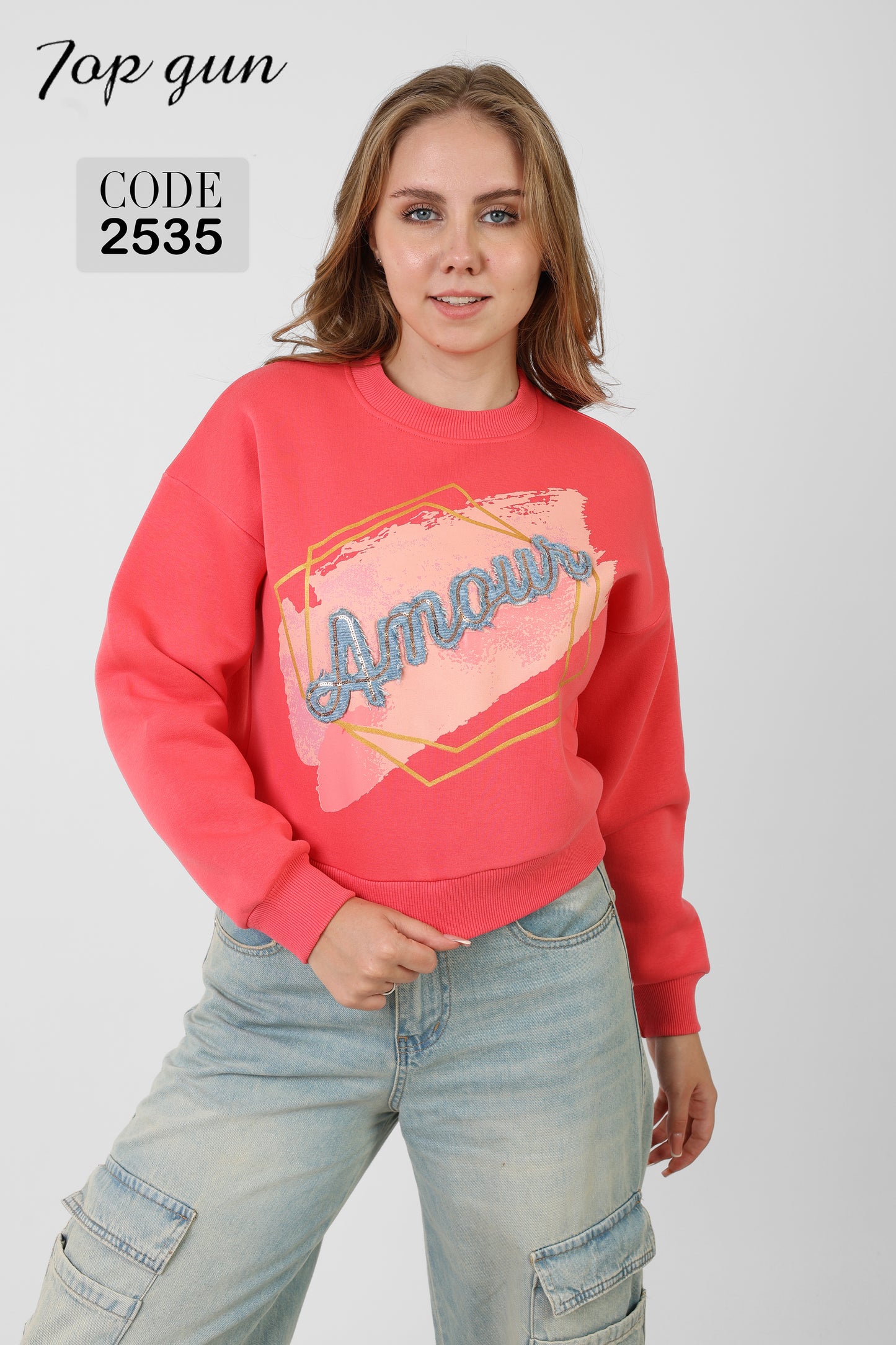 Short Sweatshirt - Amour Print, Denim Embroidery, and Sequins