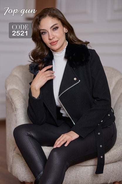 Short Wool Jacket - Belt with a Buckle - Fur Collar