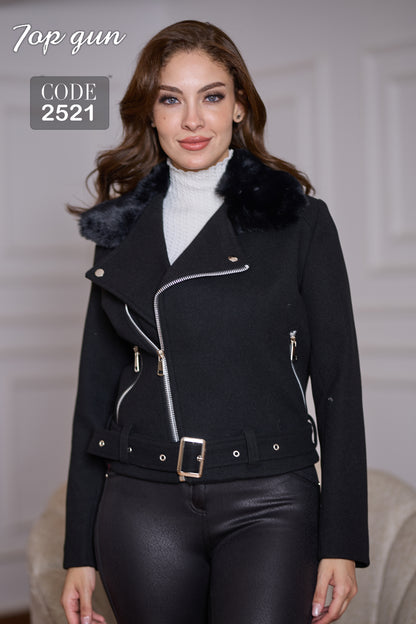 Short Wool Jacket - Belt with a Buckle - Fur Collar