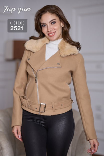 Short Wool Jacket - Belt with a Buckle - Fur Collar