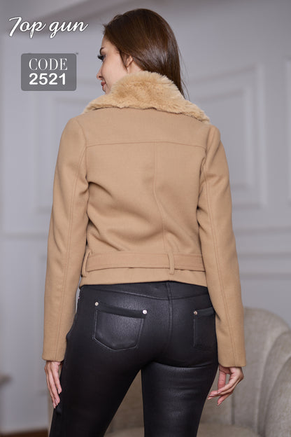 Short Wool Jacket - Belt with a Buckle - Fur Collar